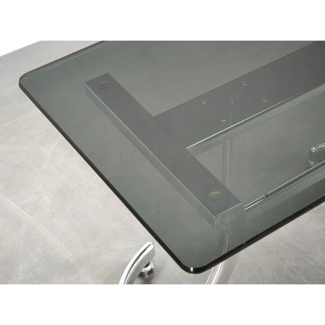 Metal Vintage Italian Space Age Chrome and Smoked Glass Rolling Side Table, 1970s For Sale - Image 7 of 13