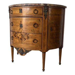 19th-Century French Louis XVI Style Marquetry Inlaid Demi-Lune Cabinet With Breccia Marble Top For Sale