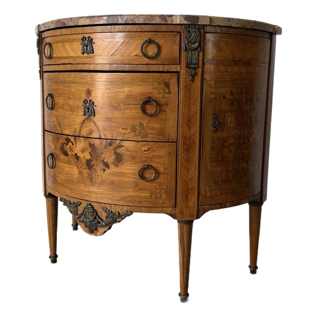 19th-Century French Louis XVI Style Marquetry Inlaid Demi-Lune Cabinet With Breccia Marble Top For Sale