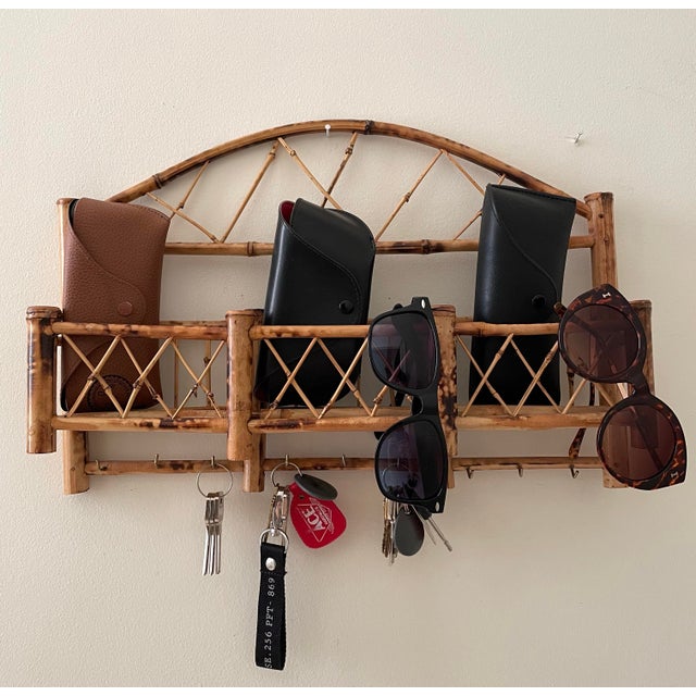 Boho Chic Vintage Boho Scorched Bamboo Wall Shelf Organizer Catchall For Sale - Image 3 of 6