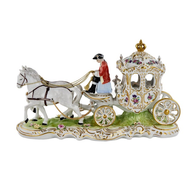 Sentimental, porcelain figure Carriage, with a pair of horses, a coachman, carrying a festive carriage with a beautiful...