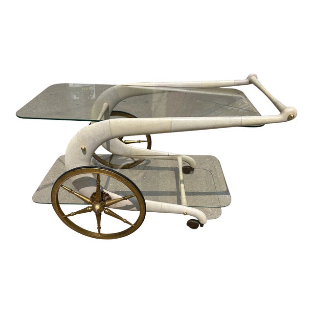 Aldo Tura Goatskin Wrapped Wood + Glass Chariot Bar Cart C1960s For Sale