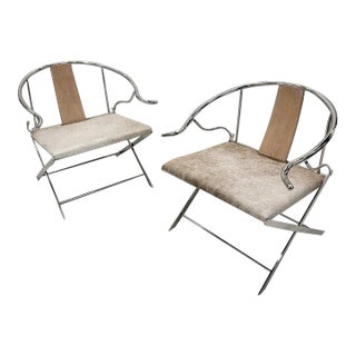 Vintage Ming Style Horsehoe Back Armchairs With Stainless Steel Frame and Newly and Upholstered Seats in Cowhide- Set of 2 For Sale