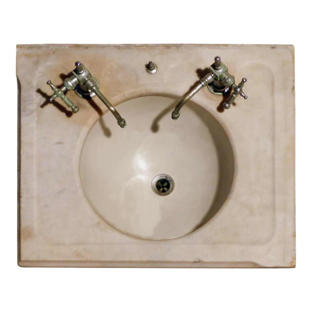 Marble Top Sink With Original Nickel Silver Faucets For Sale