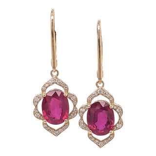 Oval Ruby Dangle Earrings With Earth Mined Diamonds in Solid 14k Yellow Gold - 2 Pieces For Sale