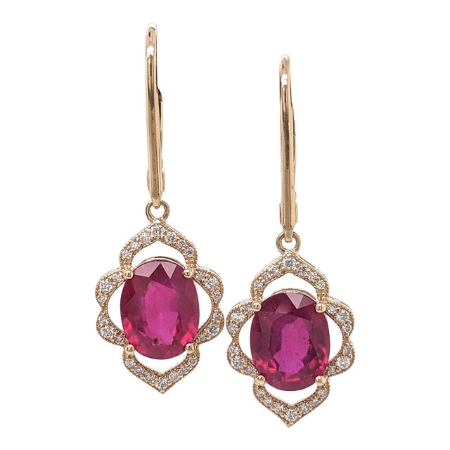 Oval Ruby Dangle Earrings With Earth Mined Diamonds in Solid 14k Yellow Gold - 2 Pieces For Sale