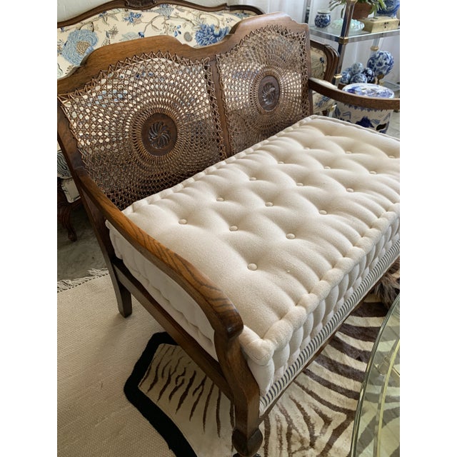 Antique Oak Medallion Cane Back Bench Settee For Sale - Image 12 of 12