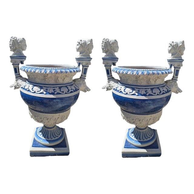 Hand-Painted Italian Garden Urns, 1950s, Set of 2 For Sale