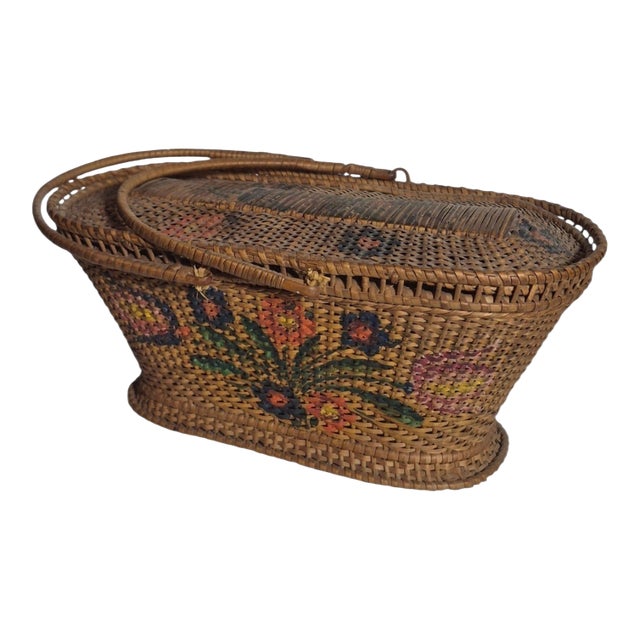 Antique Chinese Rice Straw Basket With Hand-Painted Flowers For Sale