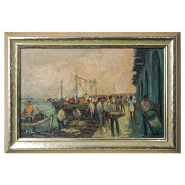 Josep Martinez Romero, Sailors at the Port of Arenys, Oil on Canvas, Framed For Sale