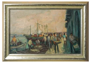 Josep Martinez Romero, Sailors at the Port of Arenys, Oil on Canvas, Framed