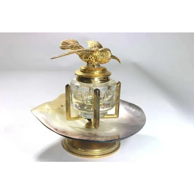 Neoclassical 19th Century Inkwell-Harkness Library Gold Hummingbird on Crystal Inkwell SeaShell Mount and Gold Pl For Sale - Image 3 of 7