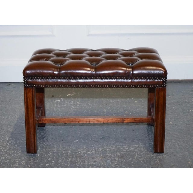 Vintage Chesterfield Hand Dyed Brown Leather Tuffed Footstool For Sale - Image 3 of 18