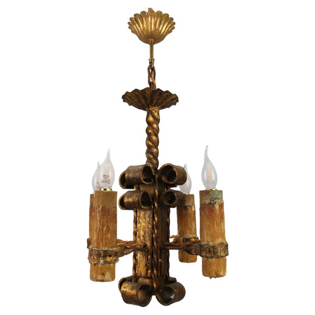 Late 19th Century Medieval Gilt Wrought Iron Chandelier, 1890s For Sale