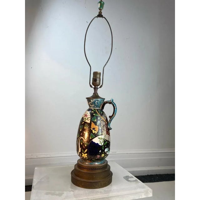 Chinoiserie Ceramic Ewer Lamp Designed By Emil Fischer of Budapest,Later Becoming Zsolnay. Rich Patchwork Design Colored...