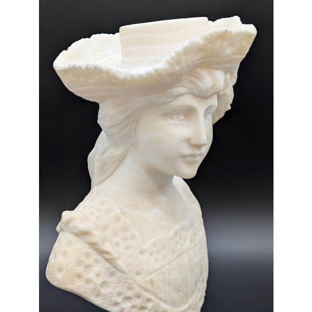 Antique Art Nouveau Carved Italian Alabaster Bust: Woman in Hat (After Cipriani) For Sale - Image 4 of 10