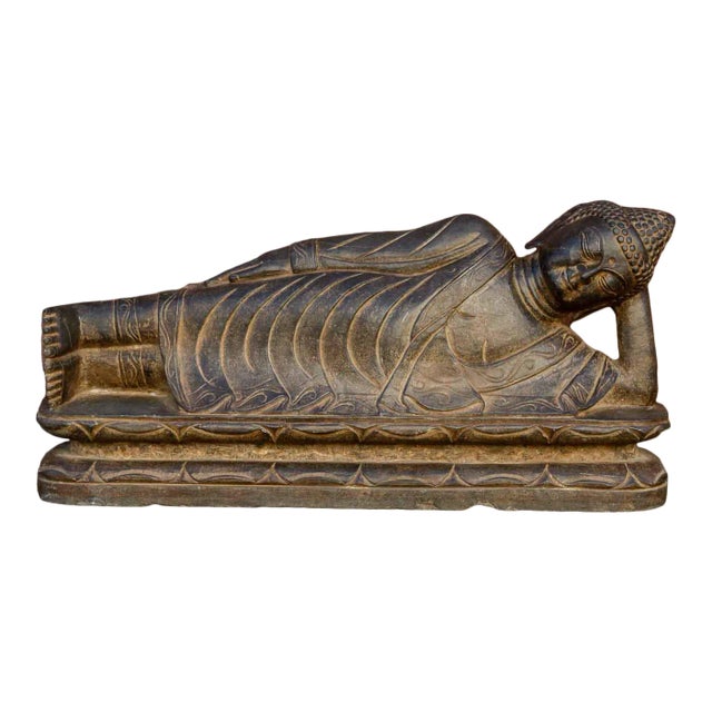 Black Stone Asian Reclining Carved Buddha For Sale