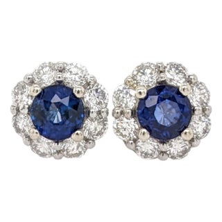 Blue Sapphire Stud Earrings With Natural Diamonds: Solid 14k Gold, Round 4mm, Pair For Sale