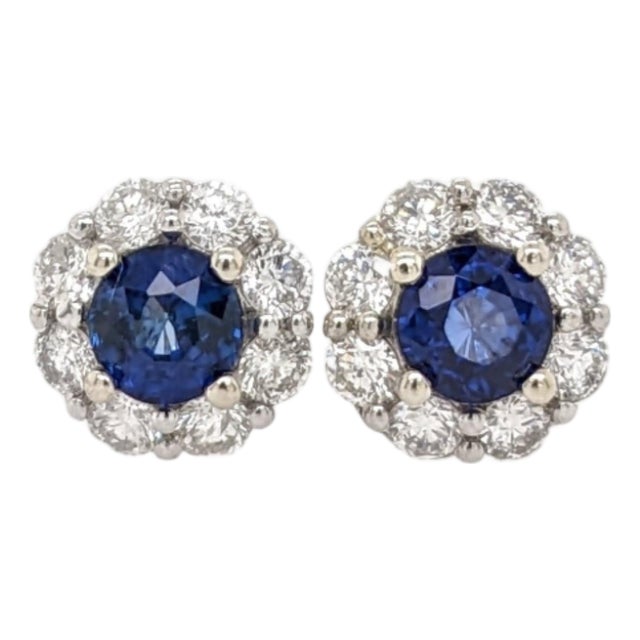 Blue Sapphire Stud Earrings With Natural Diamonds: Solid 14k Gold, Round 4mm, Pair For Sale