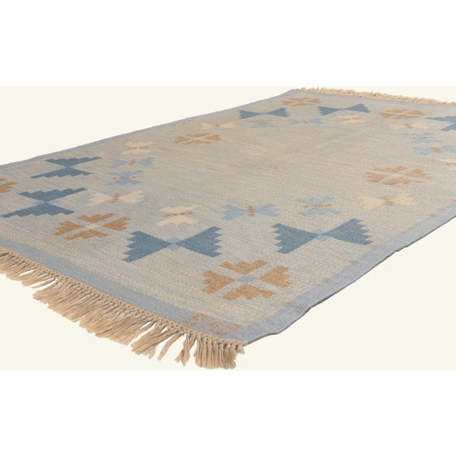 79785 Vintage Swedish Rollakan Rug, 04'06 x 06'11. The Nordic Poise: A Vintage Swedish Röllakan Masterpiece of Serene...