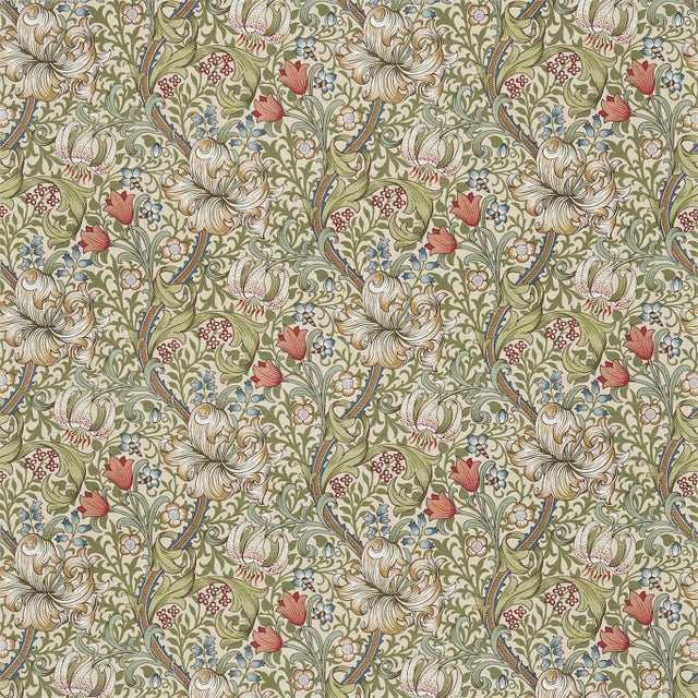 Morris & Co Golden Lily Fabric in Multi Green on Stone - a Sample For Sale