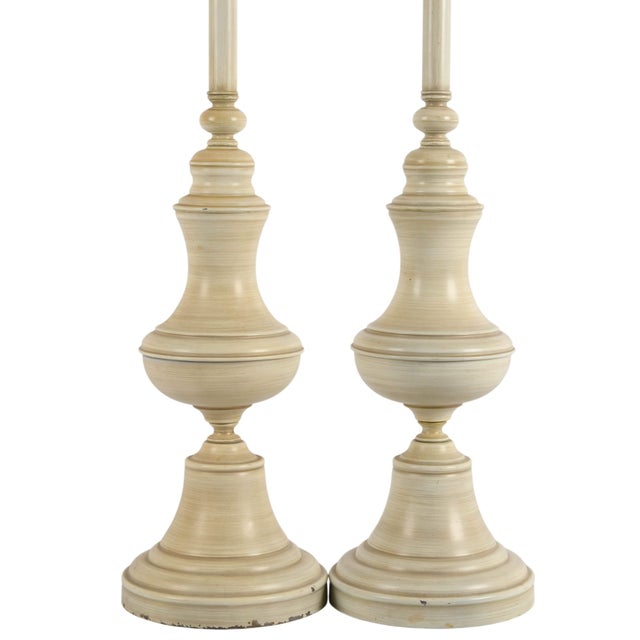 Transitional Pair of Steiff Table Lamps With Ivory‑Toned Bases and Ribbed Glass Shades For Sale - Image 3 of 6