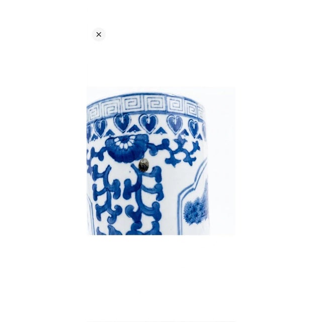 Vintage Blue & White Porcelain Crane & Scholar Cylinder Vase For Sale - Image 4 of 6