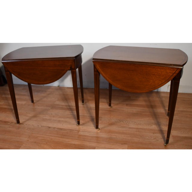 1940 Pair of Baker Furniture Regency Mahogany Inlaid Pembroke Side / End Tables For Sale - Image 17 of 18