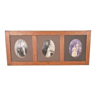 Stickley Style Antique Mission Oak Arts & Crafts Triple Picture Frame, Circa 1910 For Sale