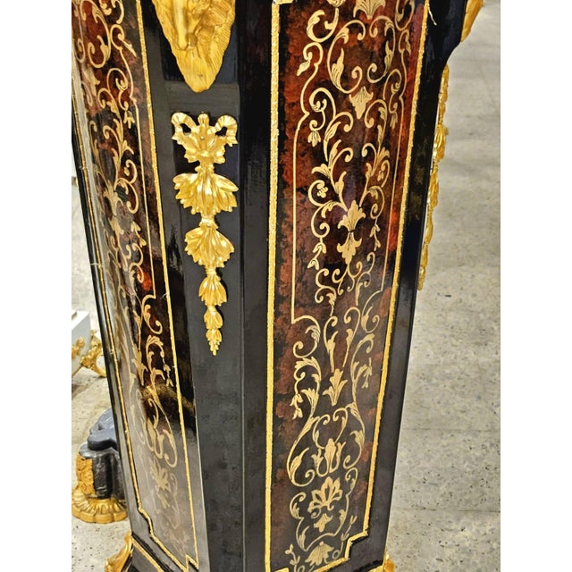 Black Wood Pedestal With Bronze Accents, Gold Leaf Details & Marble Top For Sale - Image 4 of 6