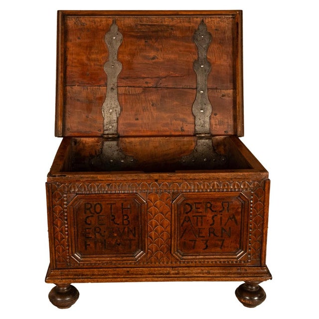 Antique Carved Walnut & Iron Coffer Chest Strong Guild Box Simmern Germany 1737 For Sale In Portland, OR - Image 6 of 18