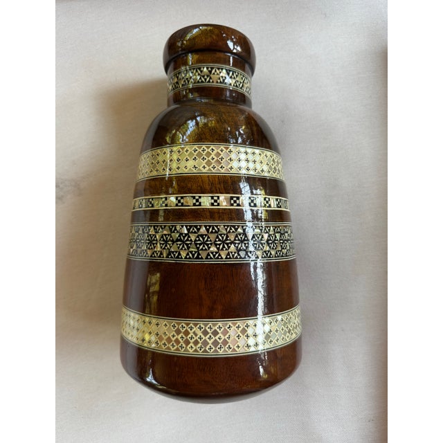 Persian Antique Handcrafted Mother-of-Pearl Inlaid Heavy Wood Vase. 12 in/30.5 Cm For Sale - Image 3 of 12