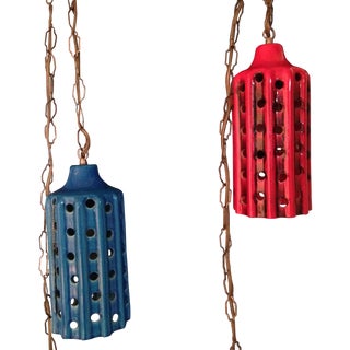 Vintage Pierced Ceramic Pendant Lights - A Pair For Sale