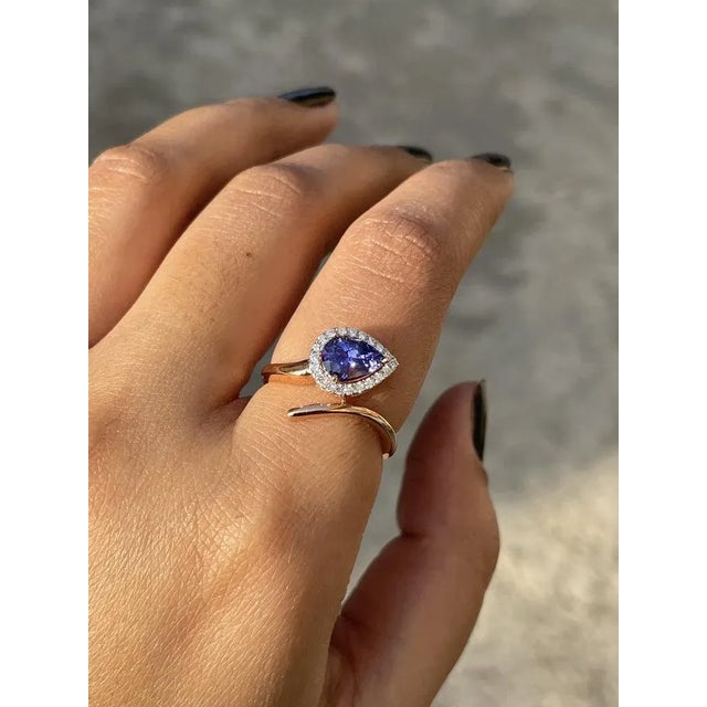 Art Deco 18k Rose Gold Pear Shape Tanzanite and Diamond Ring Size 7 (All Sizes Available) For Sale - Image 3 of 11