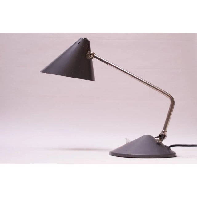 Hala (Zeist, Netherlands) adjustable task lamp in painted steel gray metal with chrome stem, circa 1960s. Features a...