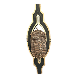 Vintage Historic Hungarian Coat of Arms Wall Plaque on a Black Antique Wooden Frame in Gold Trim