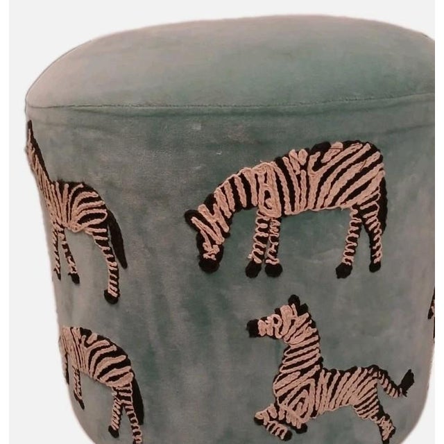 Art Deco Ottoman Velvet Aqua Blue Zebras Embroidered Wood Feet Adult Child Tribal Jungle For Sale - Image 12 of 14