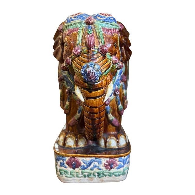 Vintage Brown Elephant Form Garden Stools with Green and Blue Decoration - A Pair For Sale - Image 13 of 18