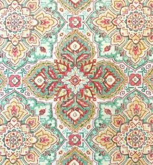 Designer P Kaufmann Waverly Cream Coral Green Yellow Ikat Suzani Medallion Fabric Sample