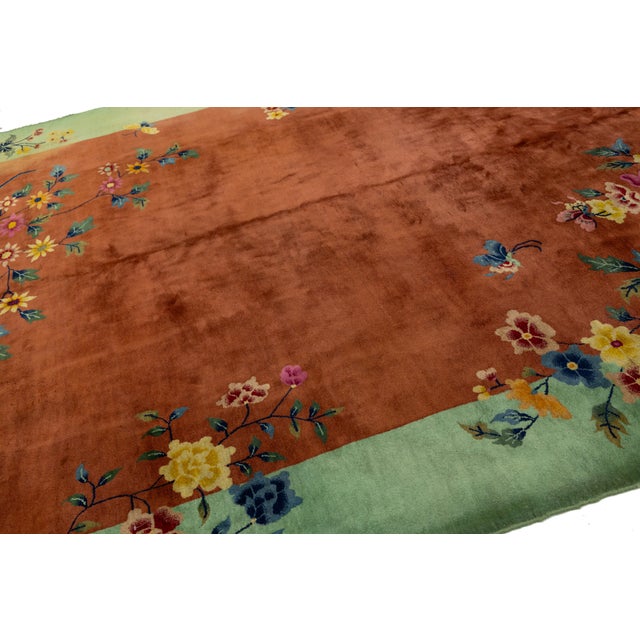 Antique Art Deco Handmade Floral Chinese Green and Brown Wool Rug For Sale - Image 9 of 13