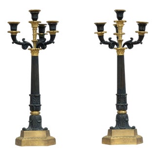 Antique Charles X Four Flame Gilt Bronze and Burnished Bronze Candelabra, Early 19th Century, Set of 2 For Sale