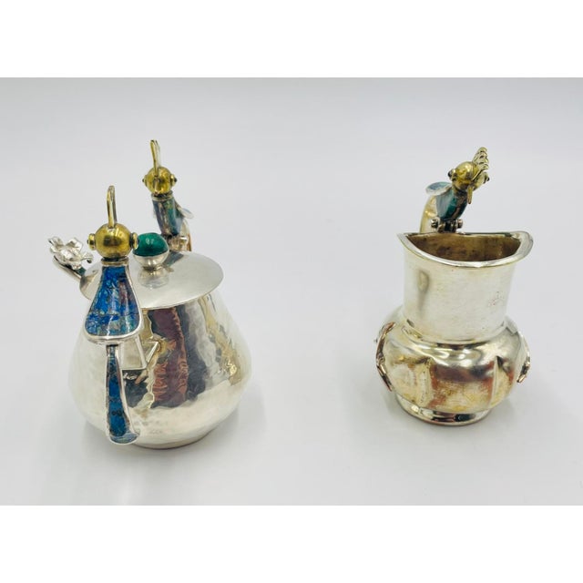 Silver 1960s Los Castillo Taxco Bird of Paradise Creamer & Sugar W Malachite Lapis - a Pair For Sale - Image 8 of 18