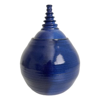 Late 20th Century Cobalt Blue Modernist Ceramic Lidded Pot, Artist Signed For Sale
