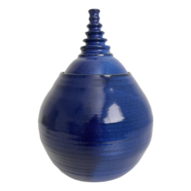 Late 20th Century Cobalt Blue Modernist Ceramic Lidded Pot, Artist Signed For Sale