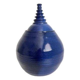 Vintage Cobalt Blue Modernist Ceramic Lidded Pot, Artist Signed For Sale
