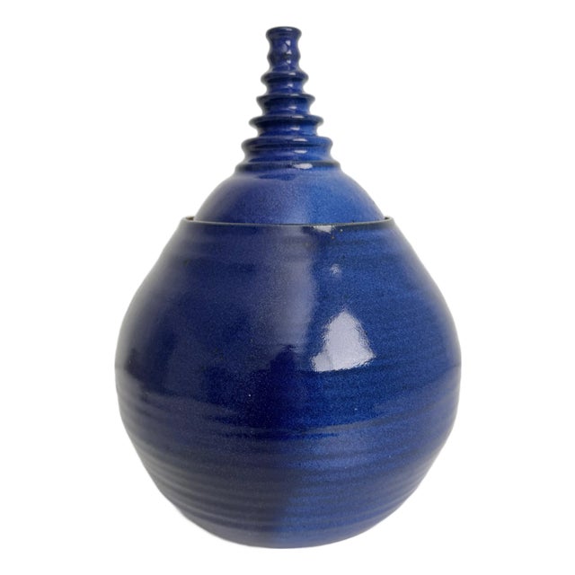 Vintage Cobalt Blue Modernist Ceramic Lidded Pot, Artist Signed For Sale
