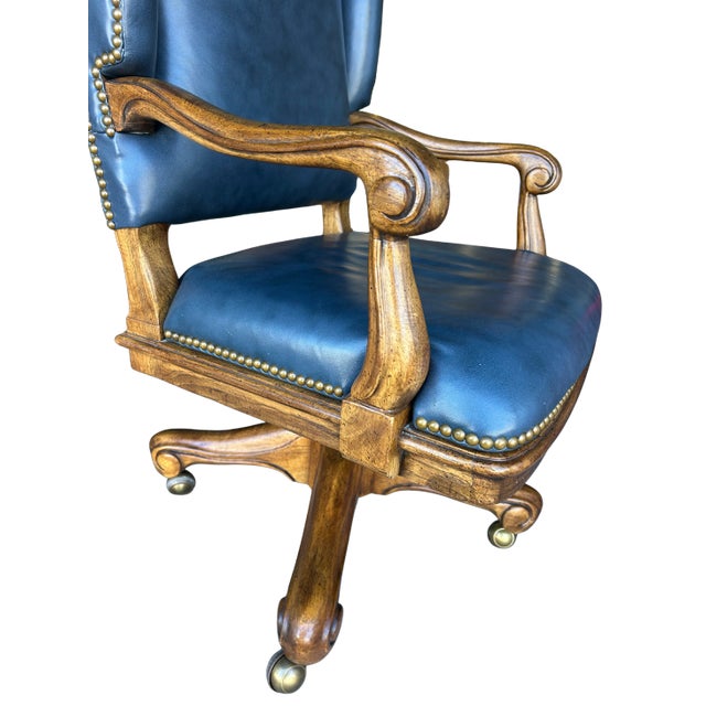 Navy Blue Vintage Drexel Heritage Navy Leather Executive Office Chair For Sale - Image 8 of 11