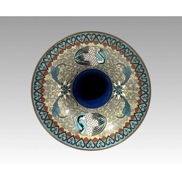 Metal Chinese Jingfa Blue & Gold 'Dragon Back' Cloisonne Beaker Form Vases With Auspicious Cranes & Lotus - A Pair on Wood Stands For Sale - Image 7 of 12