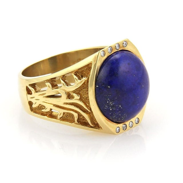 Contemporary Mid 20th Century 18k Yellow Gold Diamond & Lapis Open Design Solitaire Ring Size 9 For Sale - Image 3 of 5