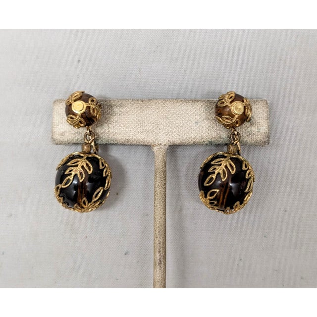 Vintage 1950s Signed Crown Trifari Goldtone Filigree & Faux-Tortoise Dangle Clip Earrings- 2 Pieces For Sale In Philadelphia - Image 6 of 7